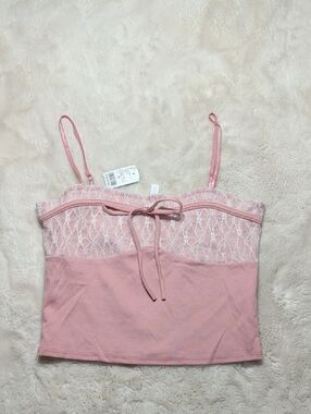 Pink Lace-Trim Crop Top with Tie Detail - Unbranded